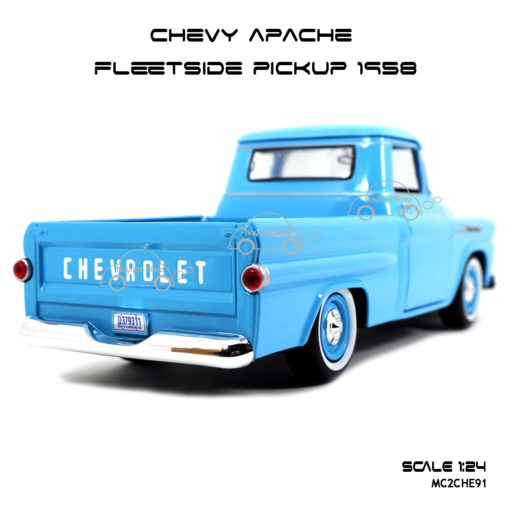โมเดลรถ CHEVY APACHE FLEETSIDE PICKUP 1958 สีฟ้า ท้ายรถสวยงาม