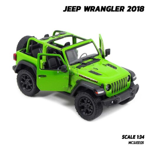 โมเดลรถ JEEP WRANGLER 2018 ไม่มีหลังคา สีเขียว รถเหล็กจำลอง เปิดประตูรถได้