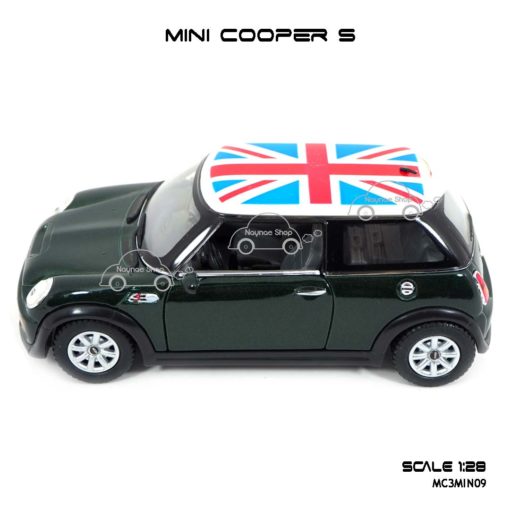 โมเดลรถ Mini Cooper S หลังคาลายธงชาติ สีเขียว จำลองเหมือนรถจริง