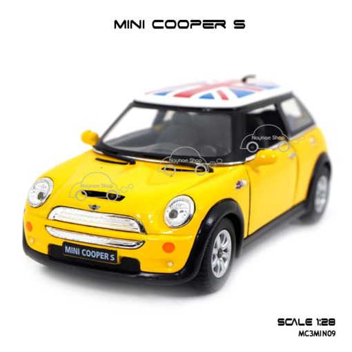 โมเดลรถ Mini Cooper S หลังคาลายธงชาติ สีเหลือง รถเหล็ก ราคาถูก