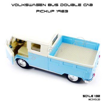 โมเดลรถ Volkswagen Bus Double Cab Pickup 1963 สีฟ้า (1:34) มีลานดึงปล่อยรถวิ่งได้