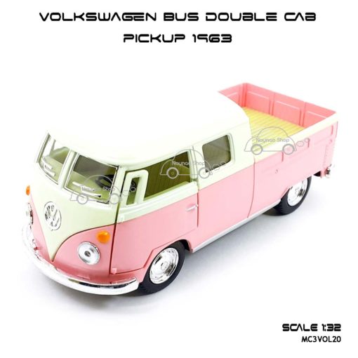 โมเดลรถ Volkswagen Bus Double Cab Pickup 1963 สีชมพู (1:34) โมเดลสำเร็จ