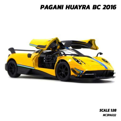 โมเดลรถสปอร์ต PAGANI HUAYRA BC 2016 คาดลาย สีเหลือง (Scale 1:38) รถเหล็กจำลอง เปิดประตูปีกนกได้