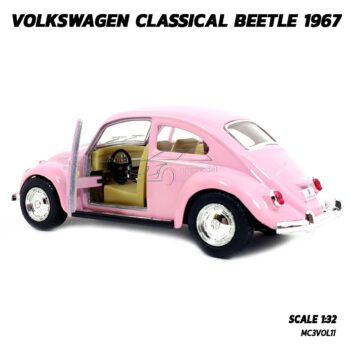 โมเดลรถเต่า Volkswagen Beetle 1967 สีชมพู (Scale 1:32) โมเดลคลาสสิค ภายในรถจำลองสมจริง
