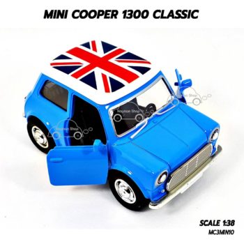โมเดลรถคลาสสิค MINI COOPER 1300 CLASSIC สีฟ้า (1:38) หลังคาลายธงชาติอังกฤษ