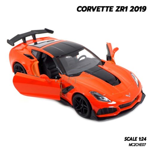 โมเดลรถ CORVETTE ZR1 2019 สีส้ม (Scale 1:24) model รถเหล็ก เปิดประตูรถซ้ายขวาได้
