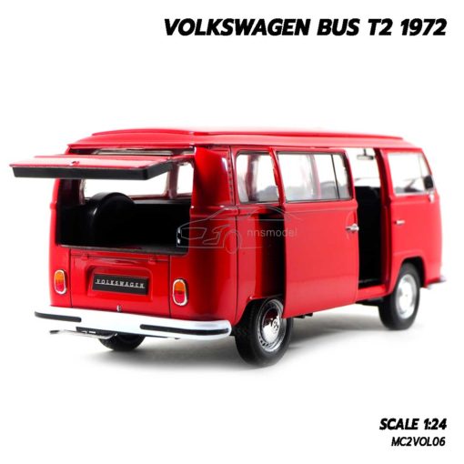 โมเดลรถตู้ VOLKSWAGEN BUS T2 1972 สีแดง (1:24) โมเดลรถคลาสสิค เปิดฝากระโปรงท้ายได้