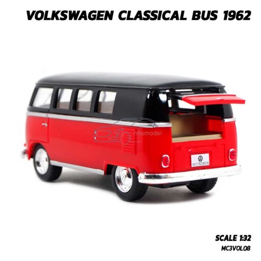 โมเดลรถตู้ คลาสสิค Volkswagen Bus 1962 สีแดง (Scale 1:32) รถโมเดล เปิดฝากระโปรงท้ายได้