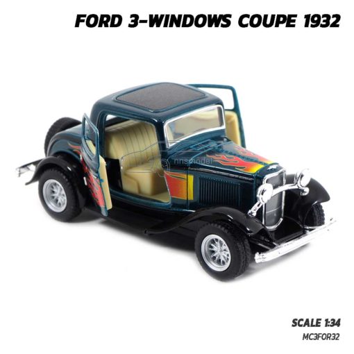 โมเดลรถโบราณ FORD COUPE 1932 สีเขียว ลายไฟ (Scale 1:34) เปิดประตูรถซ้ายขวาได้
