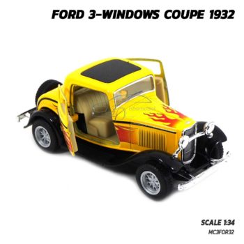 โมเดลรถโบราณ FORD COUPE 1932 สีเหลือง ลายไฟ (Scale 1:34) โมเดลรถเหล็ก มีลานวิ่งได้