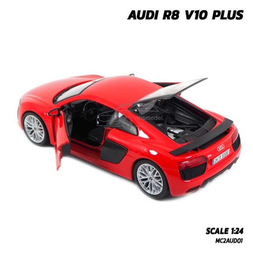 โมเดลรถ AUDI R8 V10 PLUS สีแดง (Scale 1:24) โมเดลรถสปอร์ต เปิดฝากระโปรงท้ายรถได้