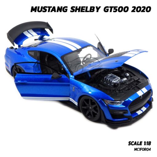 โมเดลรถ MUSTANG SHELBY GT500 2020 สีน้ำเงินขาว (Scale 1:18) เปิดฝากระโปรงหน้าได้