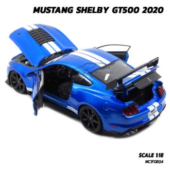 โมเดลรถ MUSTANG SHELBY GT500 2020 สีน้ำเงินขาว (Scale 1:18) เปิดฝากระโปรงท้ายได้