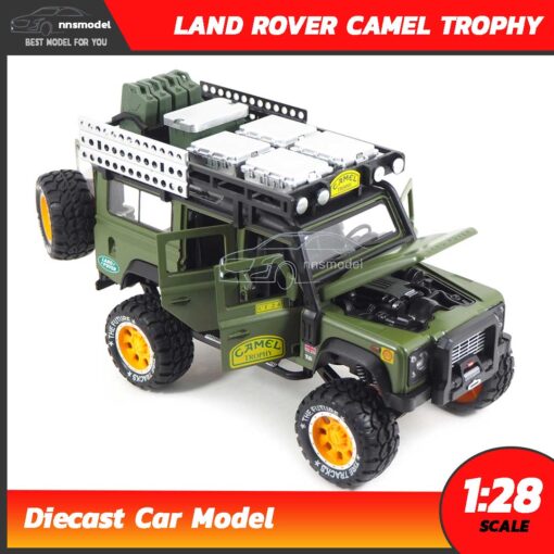 โมเดลรถ LAND ROVER CAMEL TROPHY Offroad สีเขียวขี้ม้า (1:28) โมเดลรถเหล็ก เปิดฝากระโปรงหน้าได้