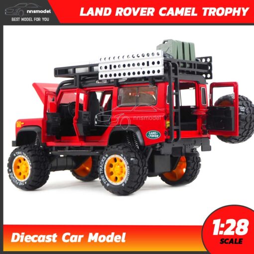 โมเดลรถ LAND ROVER CAMEL TROPHY สีแดง (Scale 1:28) โมเดล Offroad เปิดฝากระโปรงท้ายได้