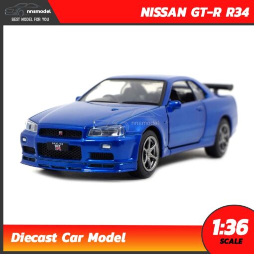 โมเดลรถ นิสสัน จีทีอาร์ Nissan GT-R R34 สีน้ำเงิน (Scale 1:36) โมเดลรถเหล็ก จำลองเหมือนจริง