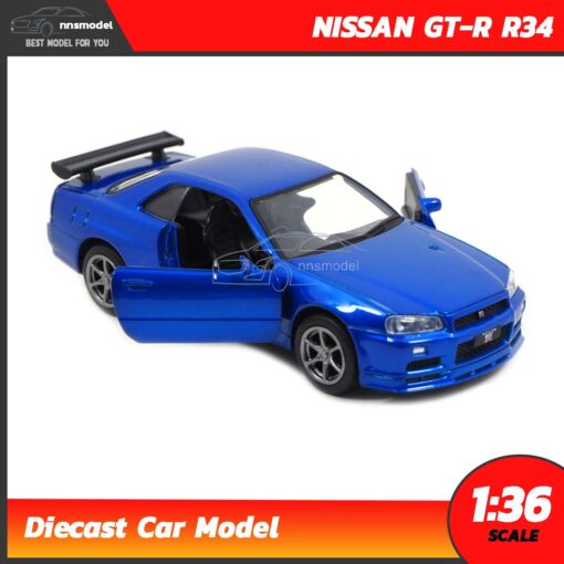 โมเดลรถ นิสสัน จีทีอาร์ Nissan GT-R R34 สีน้ำเงิน (Scale 1:36) โมเดลรถเหล็ก เปิดประตูรถซ้ายขวาได้