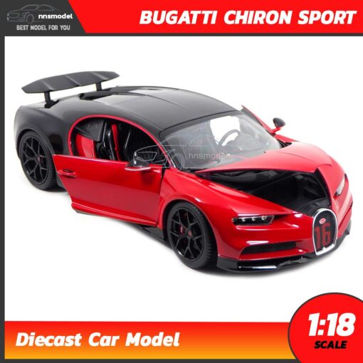 โมเดลรถสปอร์ต BUGATTI CHIRON SPORT สีแดงดำ (Scale 1:18) รถเหล็กจำลอง เปิดฝากระโปรงหน้าได้