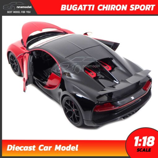 โมเดลรถสปอร์ต BUGATTI CHIRON SPORT สีแดงดำ (Scale 1:18) รถเหล็กจำลอง สปอยเลอร์หลังยกได้สมจริง