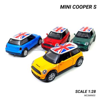 โมเดลรถ มินิคูเปอร์ MINI COOPER S (Scale 1:28) หลังคาลายธงชาติ เปิดประตูซ้ายขวาได้ จำลองเหมือนจริง